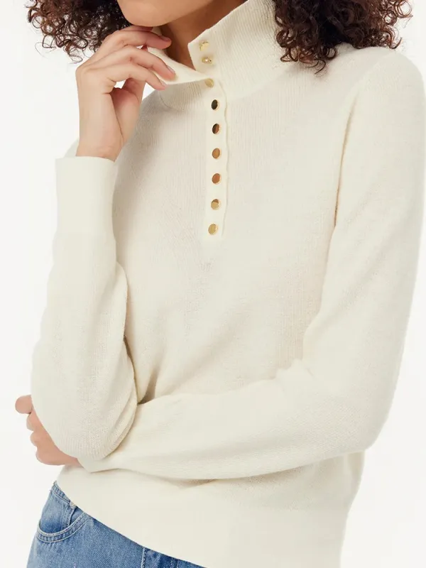 100% Wool Half Button Turtleneck Women Sweater