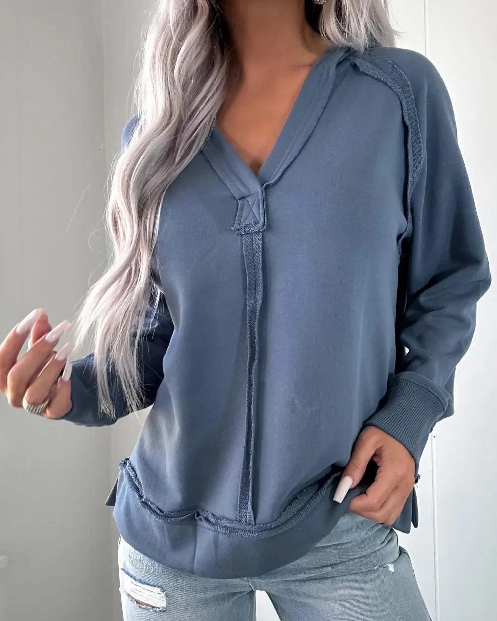 Raw Charm Long Sleeve Knit Top - Dusty Blue