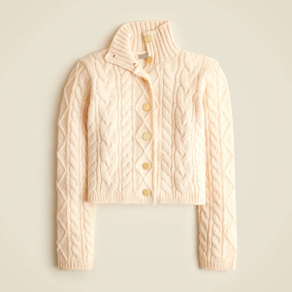 Cable-knit turtleneck cardigan sweater