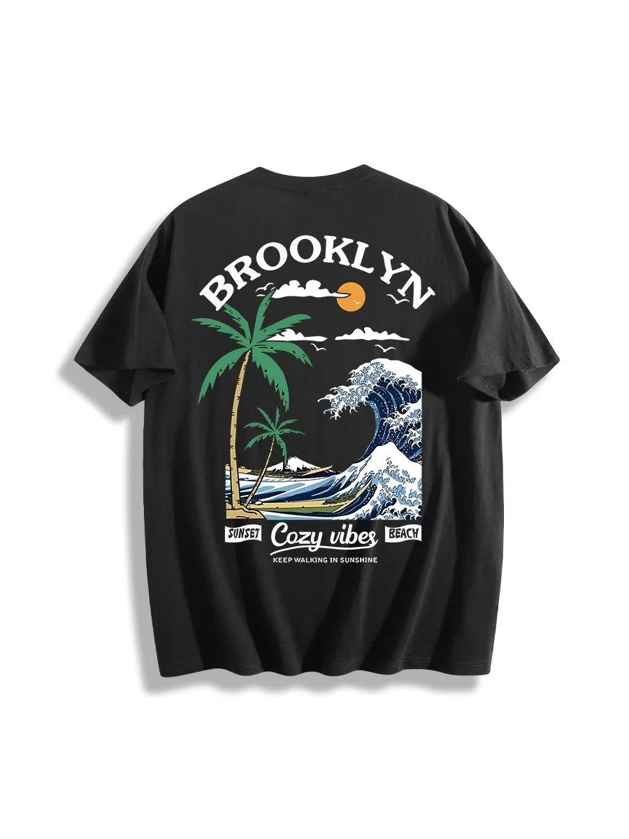 Floerns Men's Oversized Tree Print Half Sleeve Round Neck Drop Shoulder Tee
