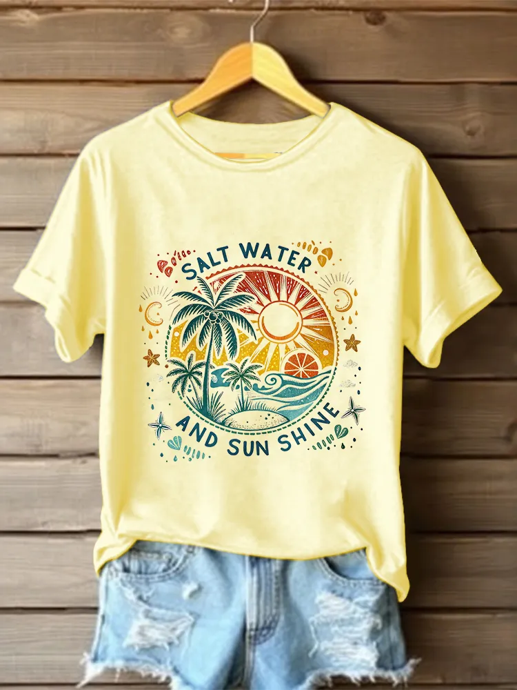 Women's Salt Water And Sunshine Round Neck Short Sleeves Pure Cotton T-Shirt