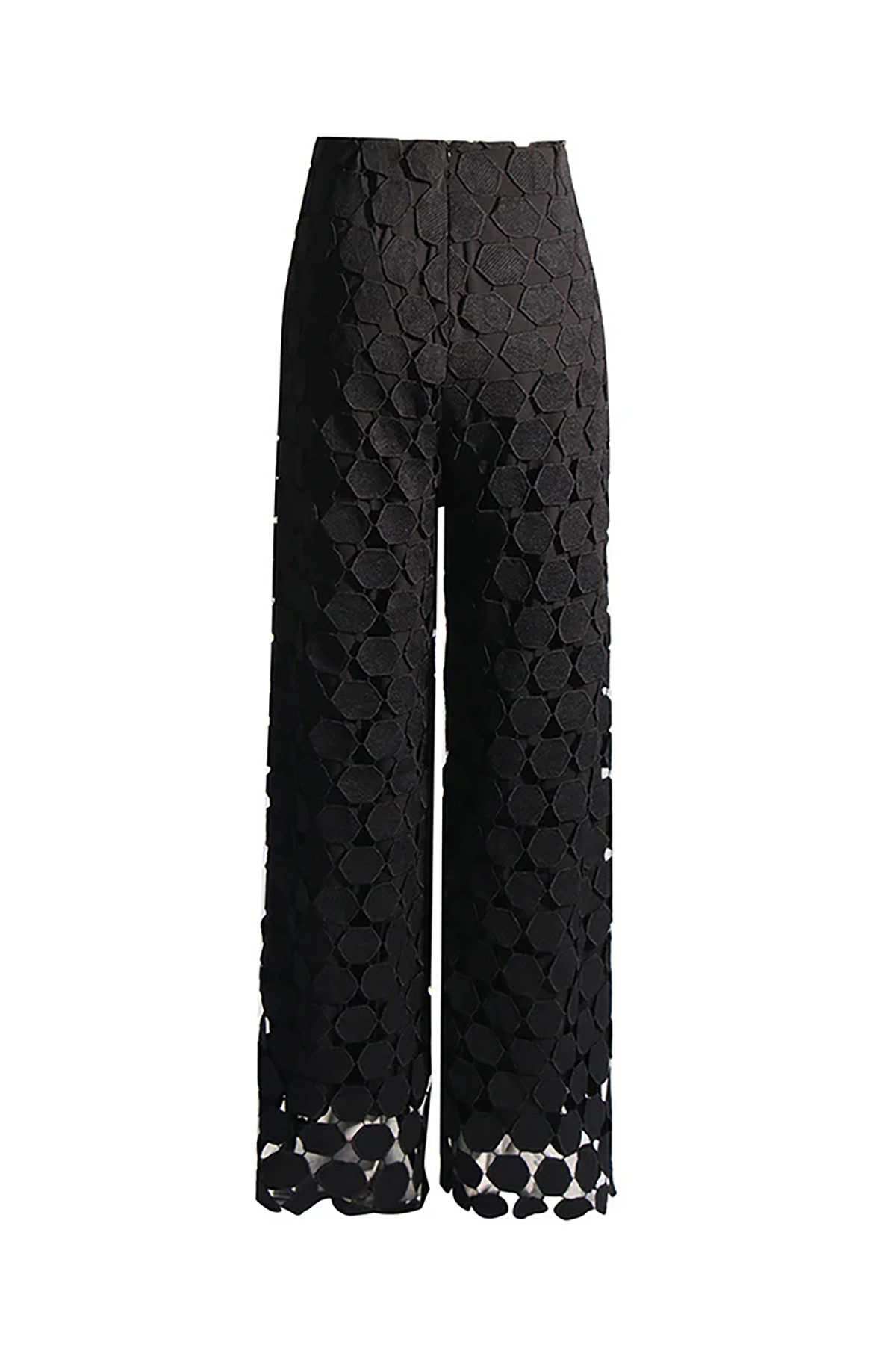 Graphic Circular Laser Cut Pleated High Waist Wide Leg Guipure Lace Pants