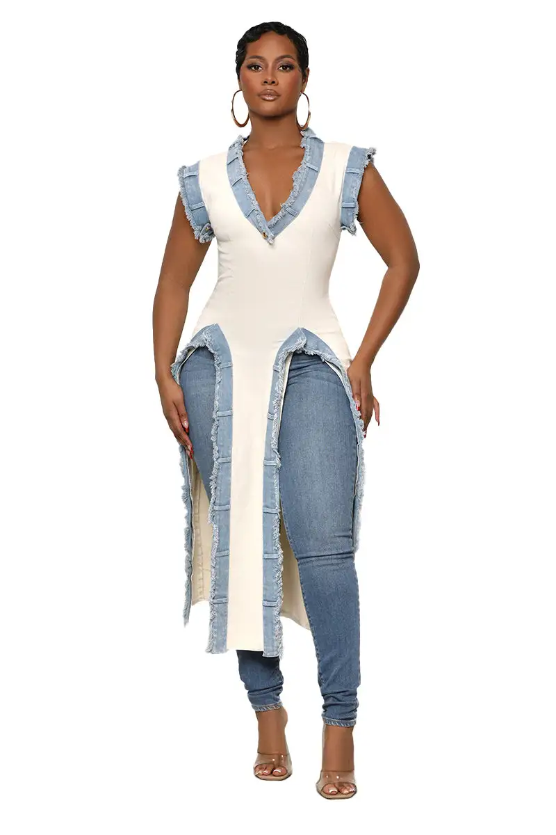 Breaking The Rules Denim Midi Top (Ivory Multi)