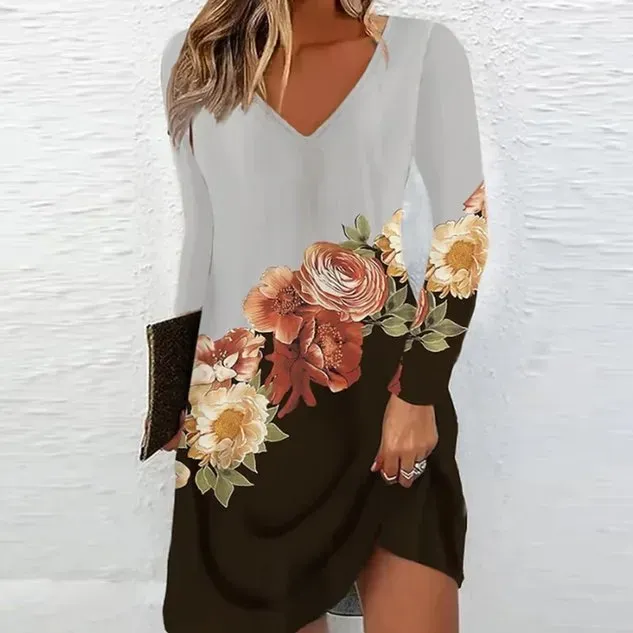 Women Floral V Neck Long Sleeve Comfy Casual Short Dress