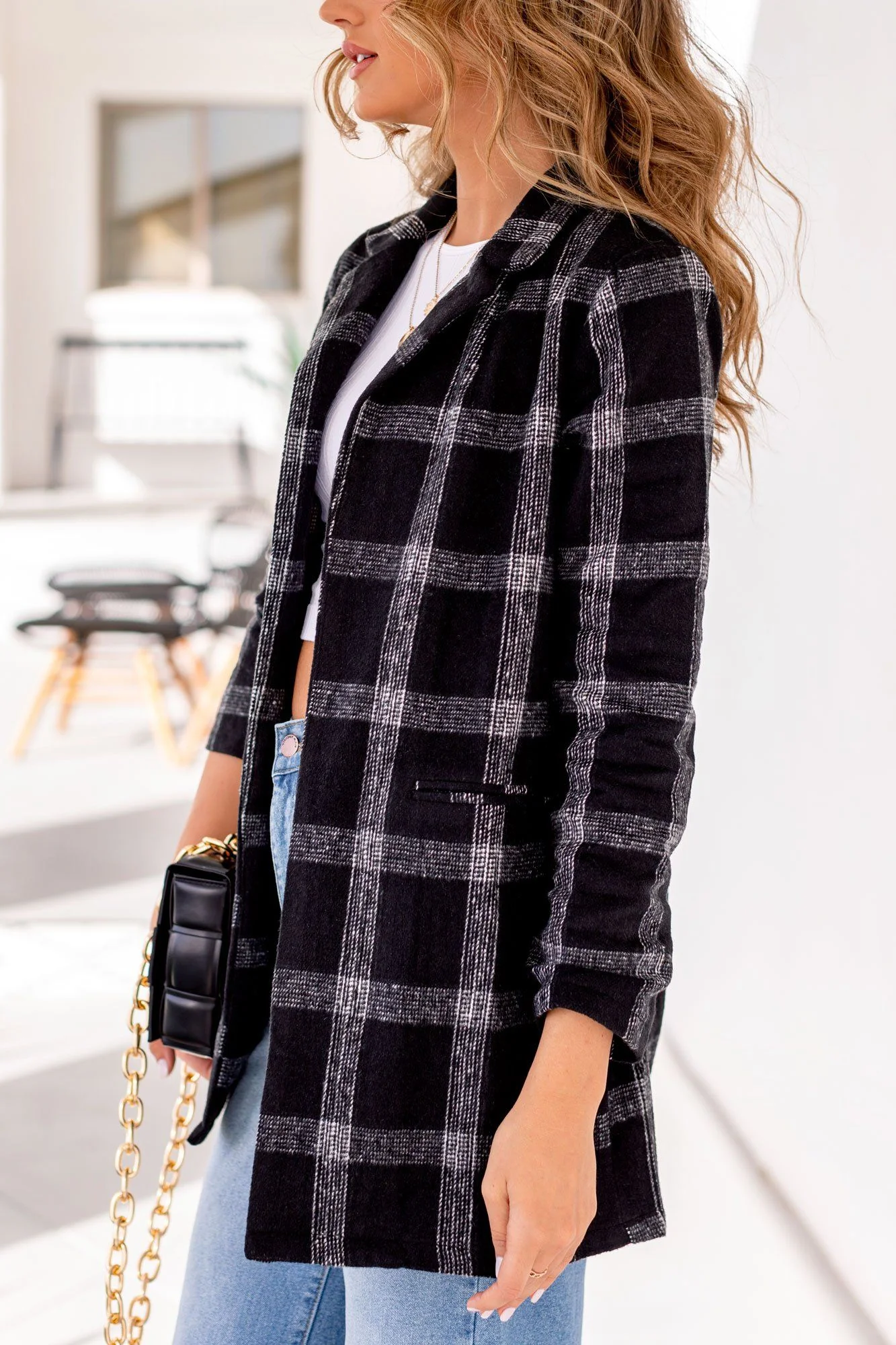 Black Plaid Long Sleeve Blazer