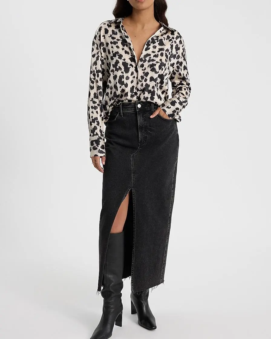 Satin Blurred Leopard Print Boyfriend Portofino Shirt