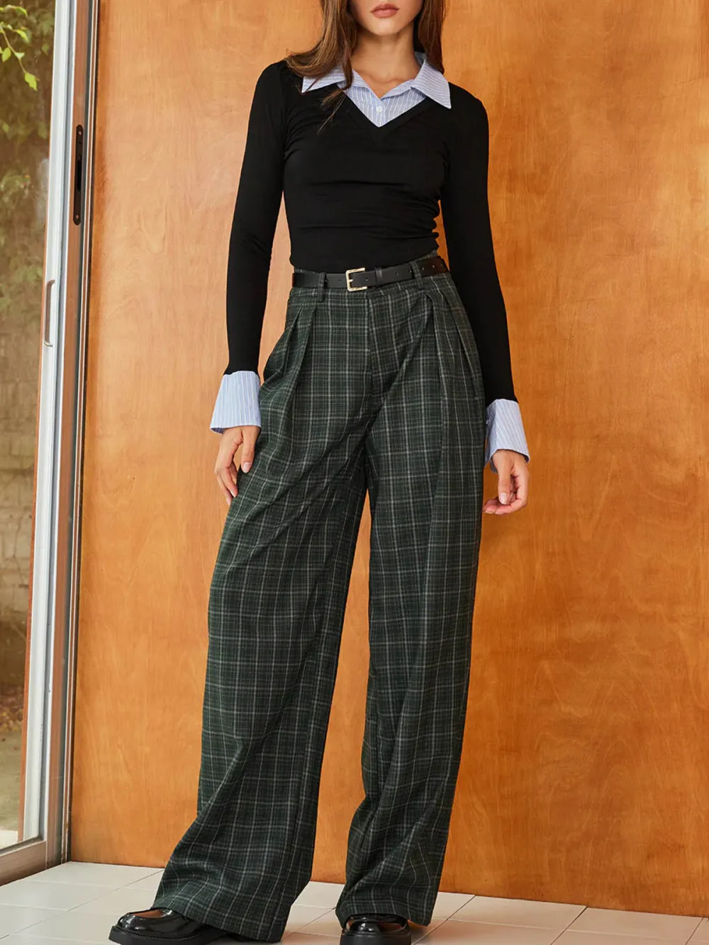 Plaid Wide-Leg High Waist Pants