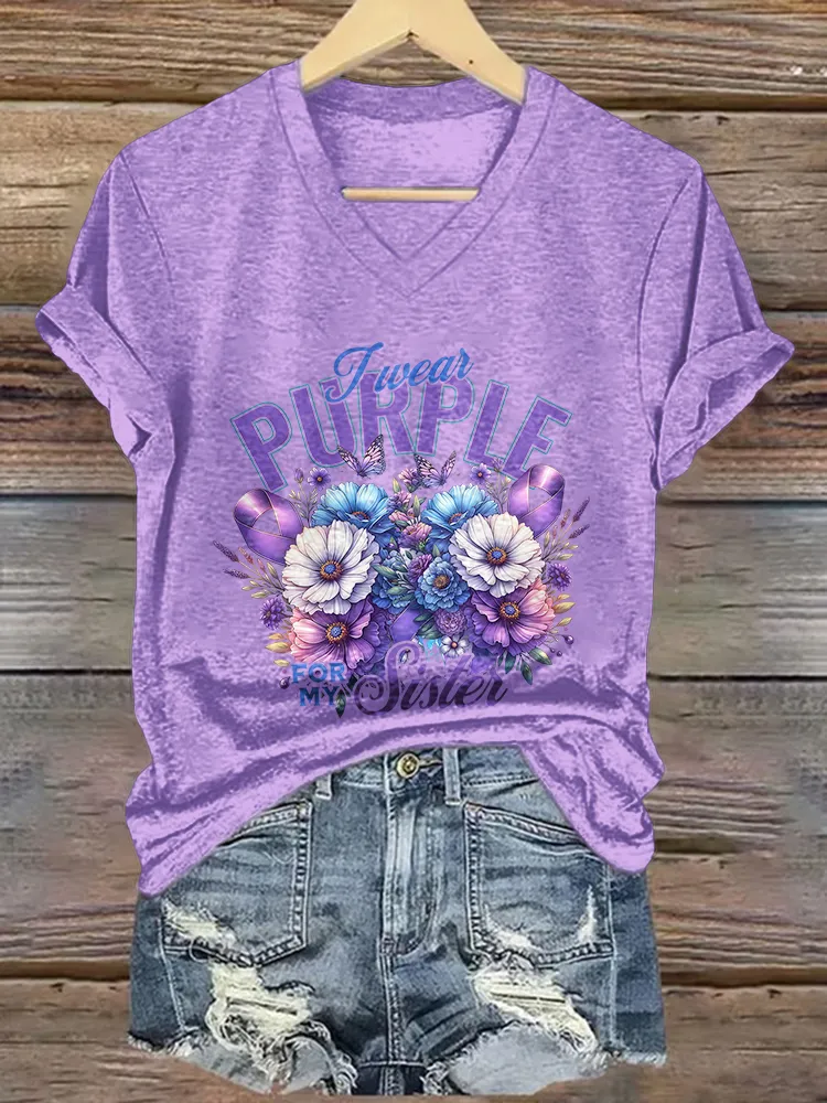 Women'S  purple V-Neck T-Shirt