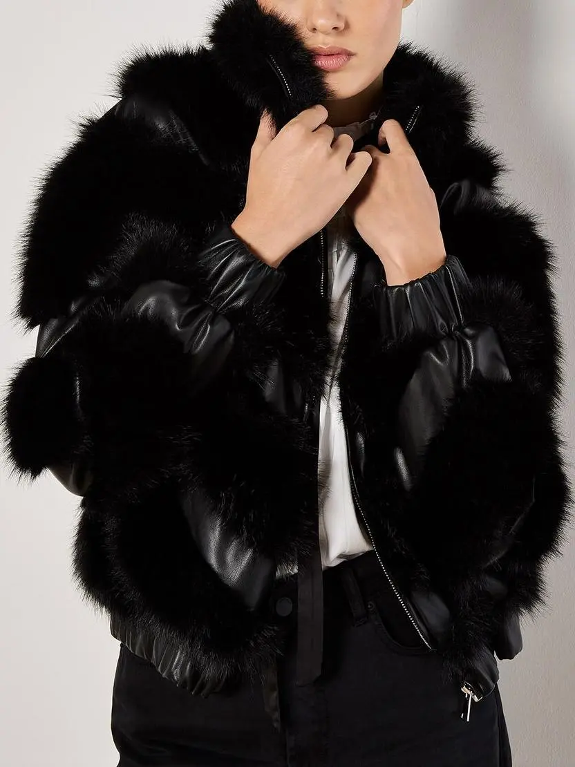 Faux Leather Chevron Fur Jacket