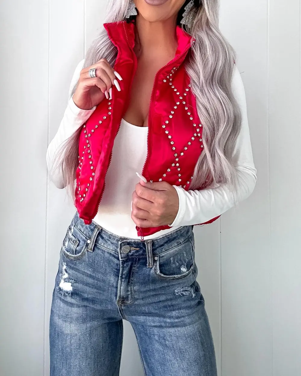 Better Than Before Rhinestone Bomber Vest - Red