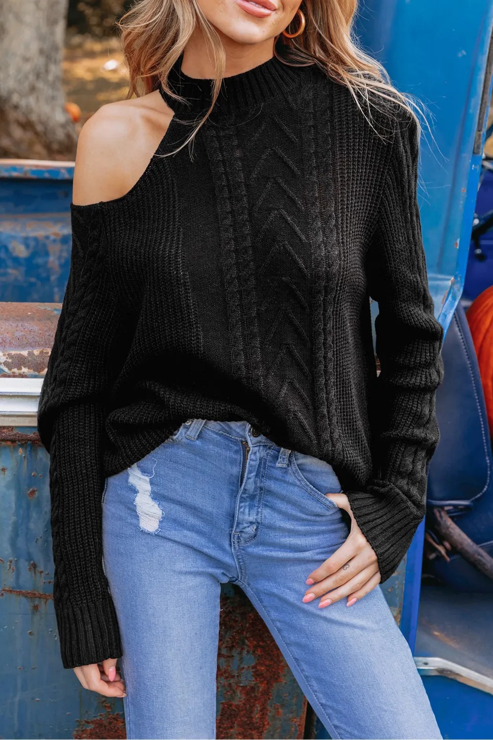 Cable Knit Mock Neck Cutout Sweater