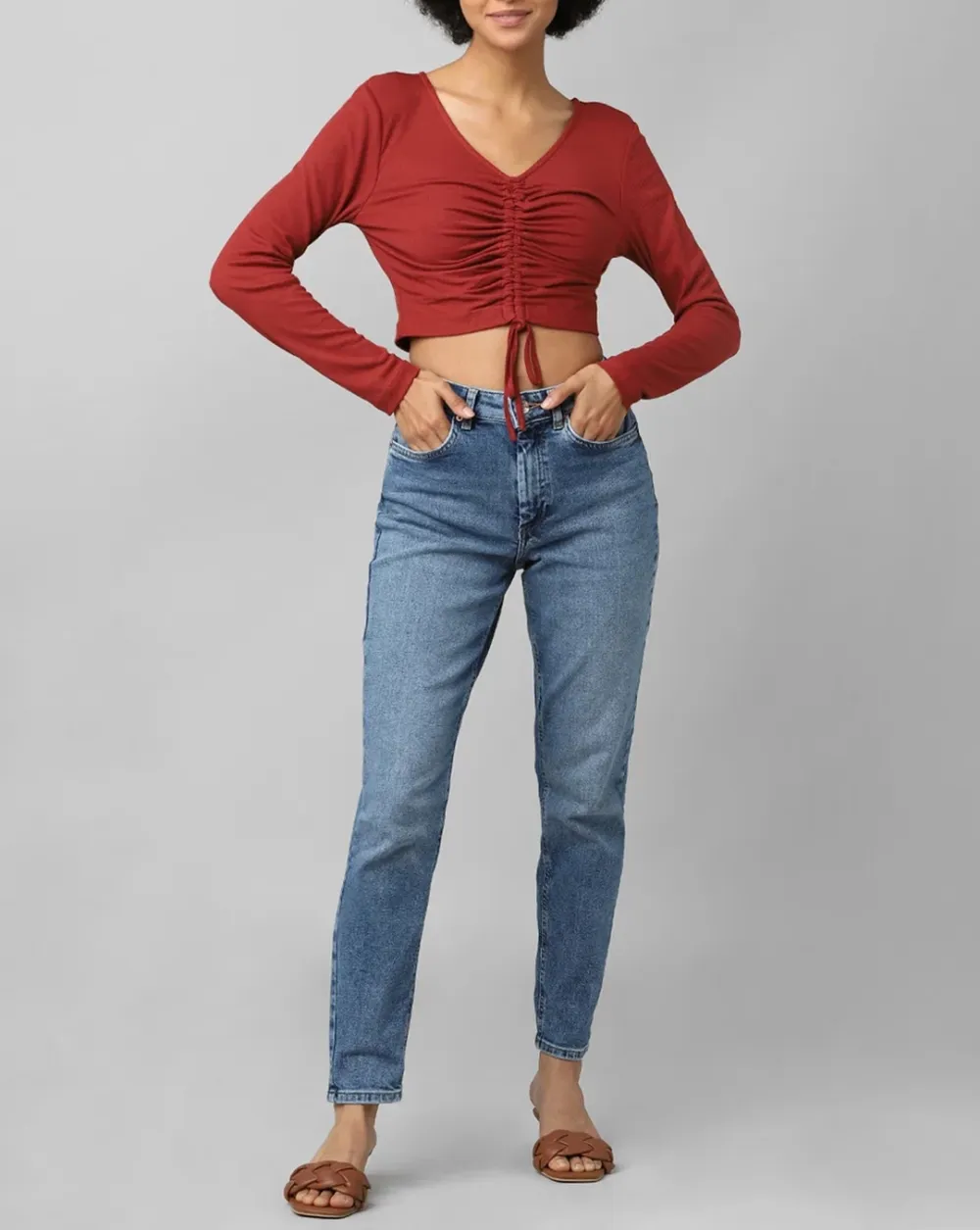 Rust Ruched Ribbed Crop Top