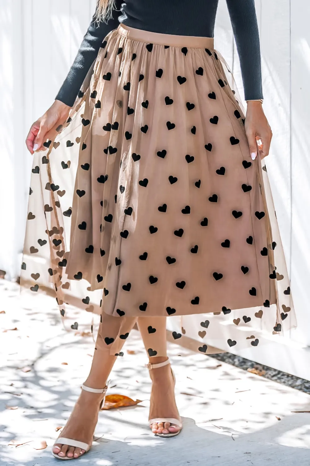 Heart Print Mesh Midi Skirt