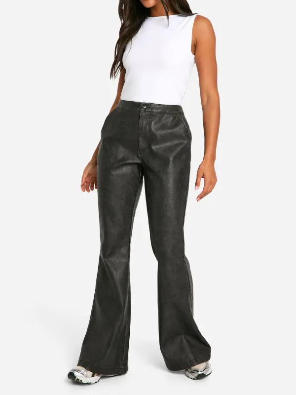 HIGH WAISTED WASHED PU FLARE PANTS