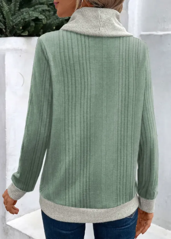 Sage Green Patchwork Long Sleeve Cowl Neck Sweatshirt