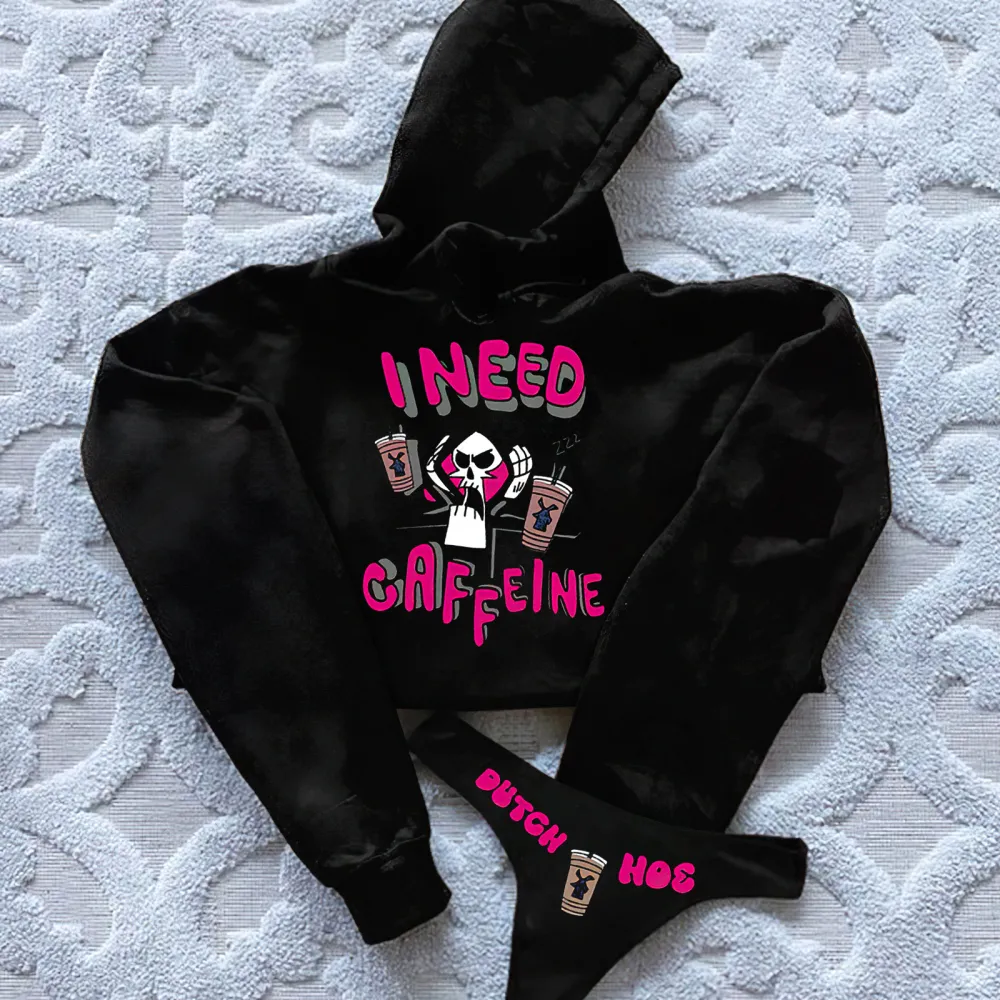 I Need Caffeine Printed Women's Cropped Hoodie & Thong Sets