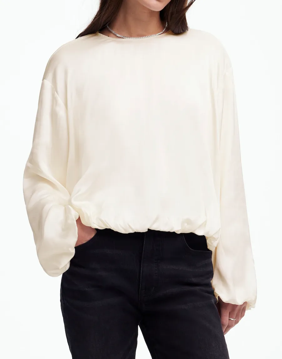 Long-Sleeve Bubble-Hem Top in Satin