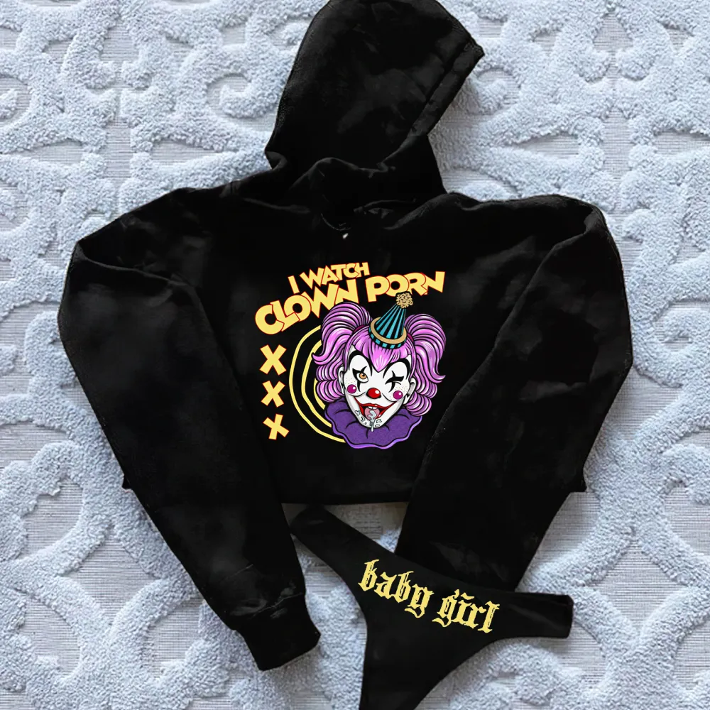 I Watch Clown Porn Printed Women's Cropped Hoodie & Thong Sets