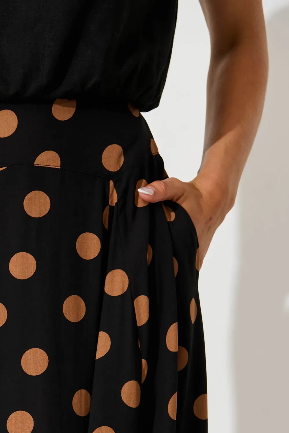Black Polka Dot Flowy Midi Skirt