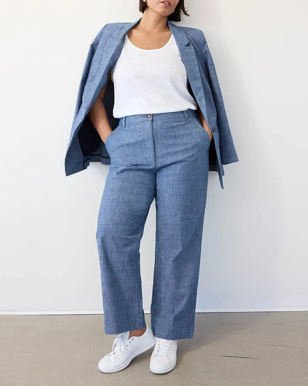 One-Button Closure Chambray Blazer