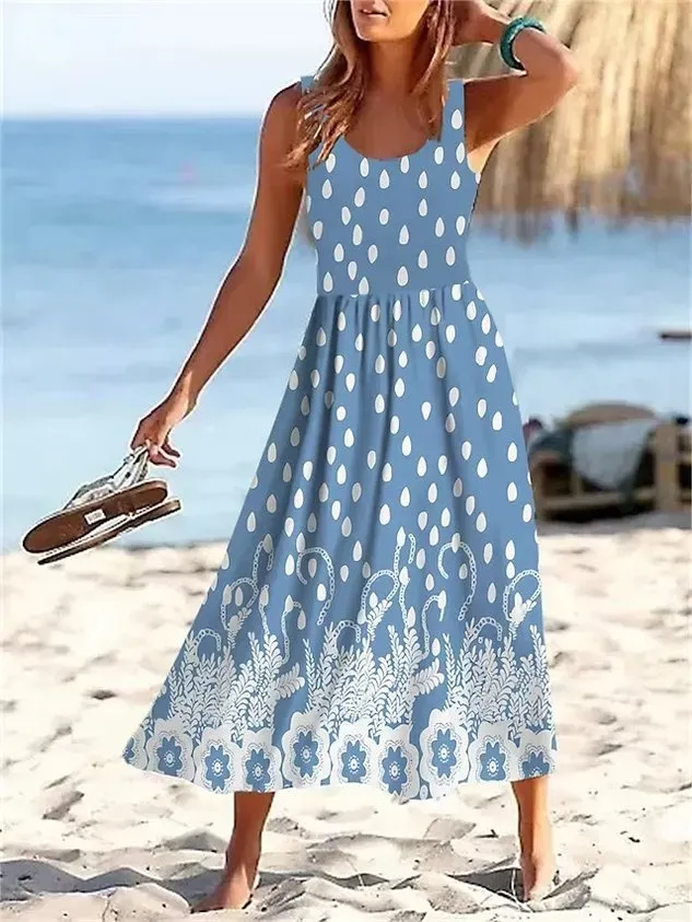 Women Polka Dots Crew Neck Sleeveless Comfy Casual Midi Dress