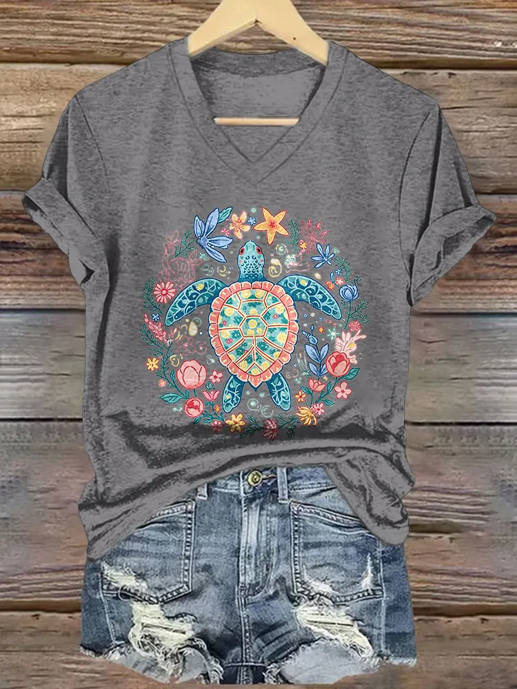 Women's Summer Vibes Short Sleeves V-Neck Pure Cotton T-Shirt
