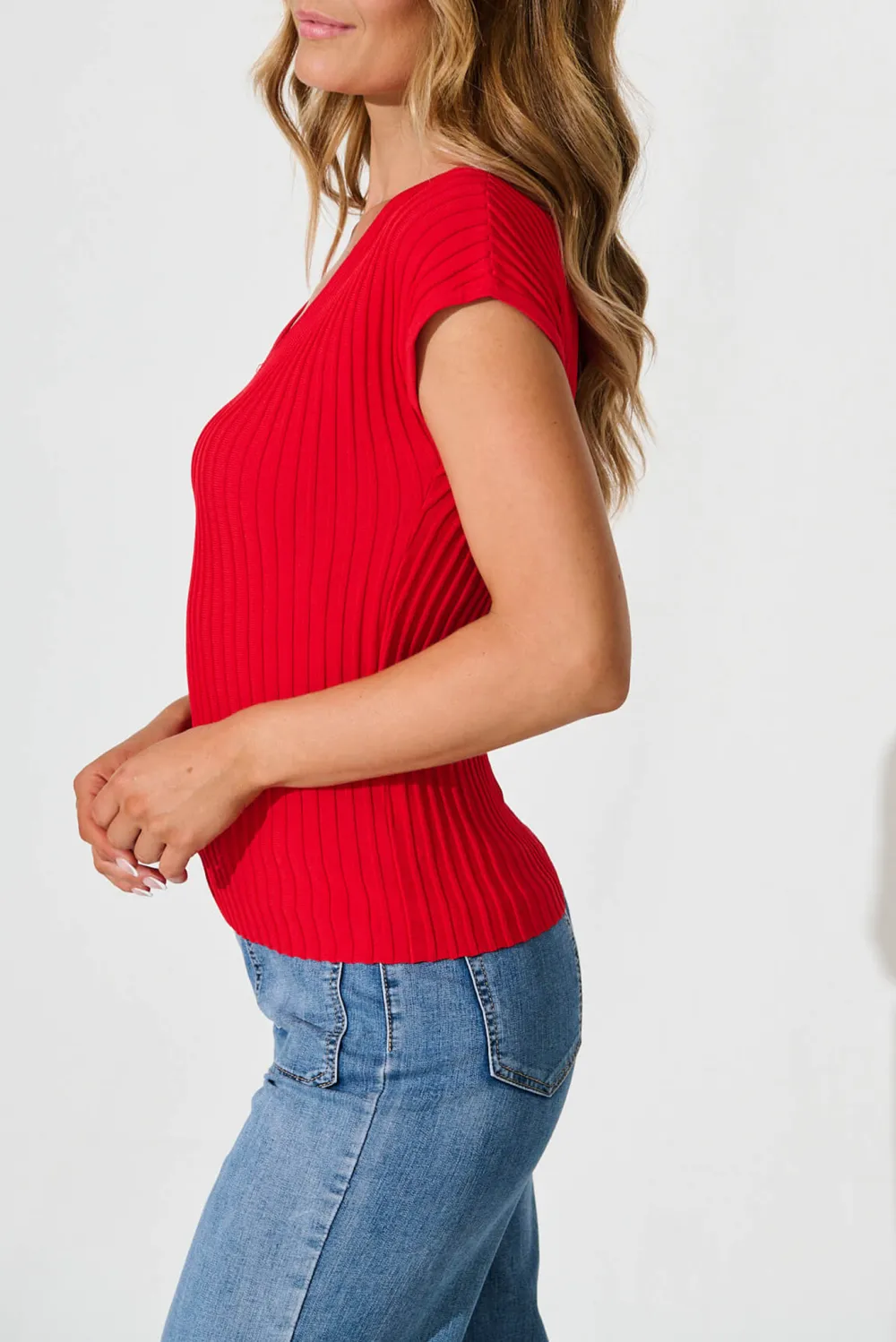 Red Ribbed Short Sleeve V Neck Knit Top