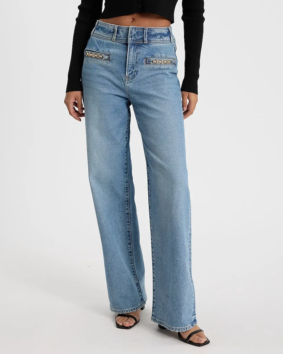 High Waisted Medium Wash Horsebit Wide Leg Jeans