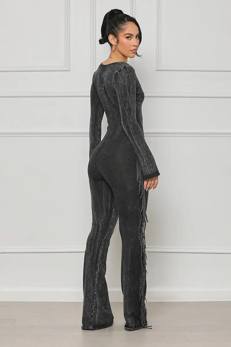 Houston Girl Fringe Jumpsuit (Black Acid Wash)