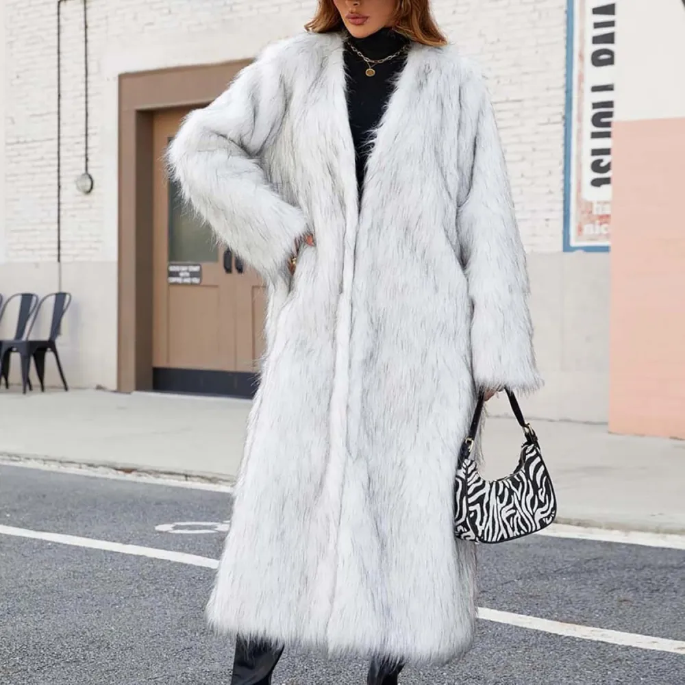 Mzkdieey Womens Faux Fur Warm Winter Coat Luxury Fluffy Parka Jacket Casual Open Front Cardigan Long Coat Outwear Overcoat