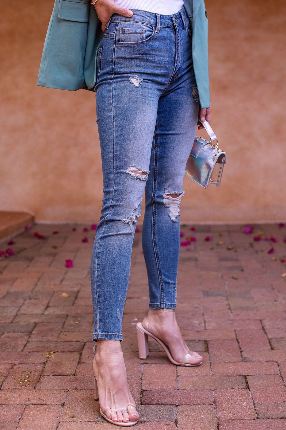 Solid Color Distressed Skinny Jeans