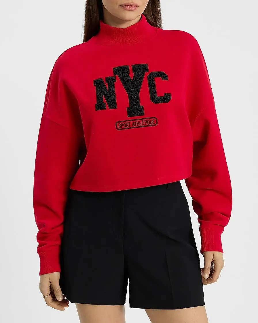 Nyc Graphic Mock Neck Cropped Sweatshirt