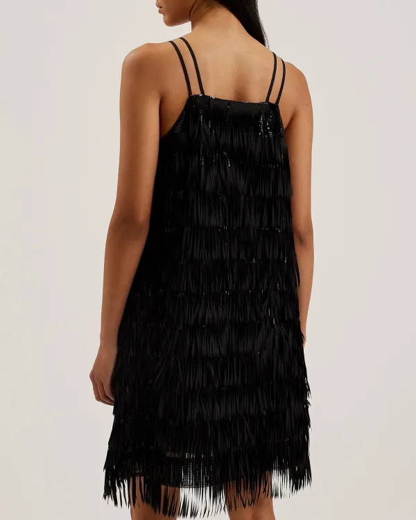 Bartin Fringe Halter Neck Mini Dress Black