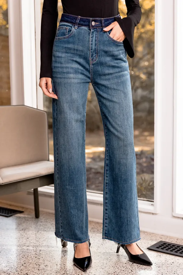 Whiskered Frayed Hem Straight Leg Jeans