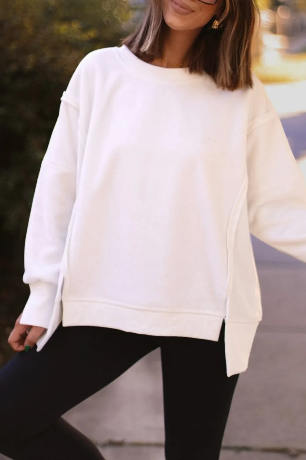 White Seam Detail Pullover Sweatshirt