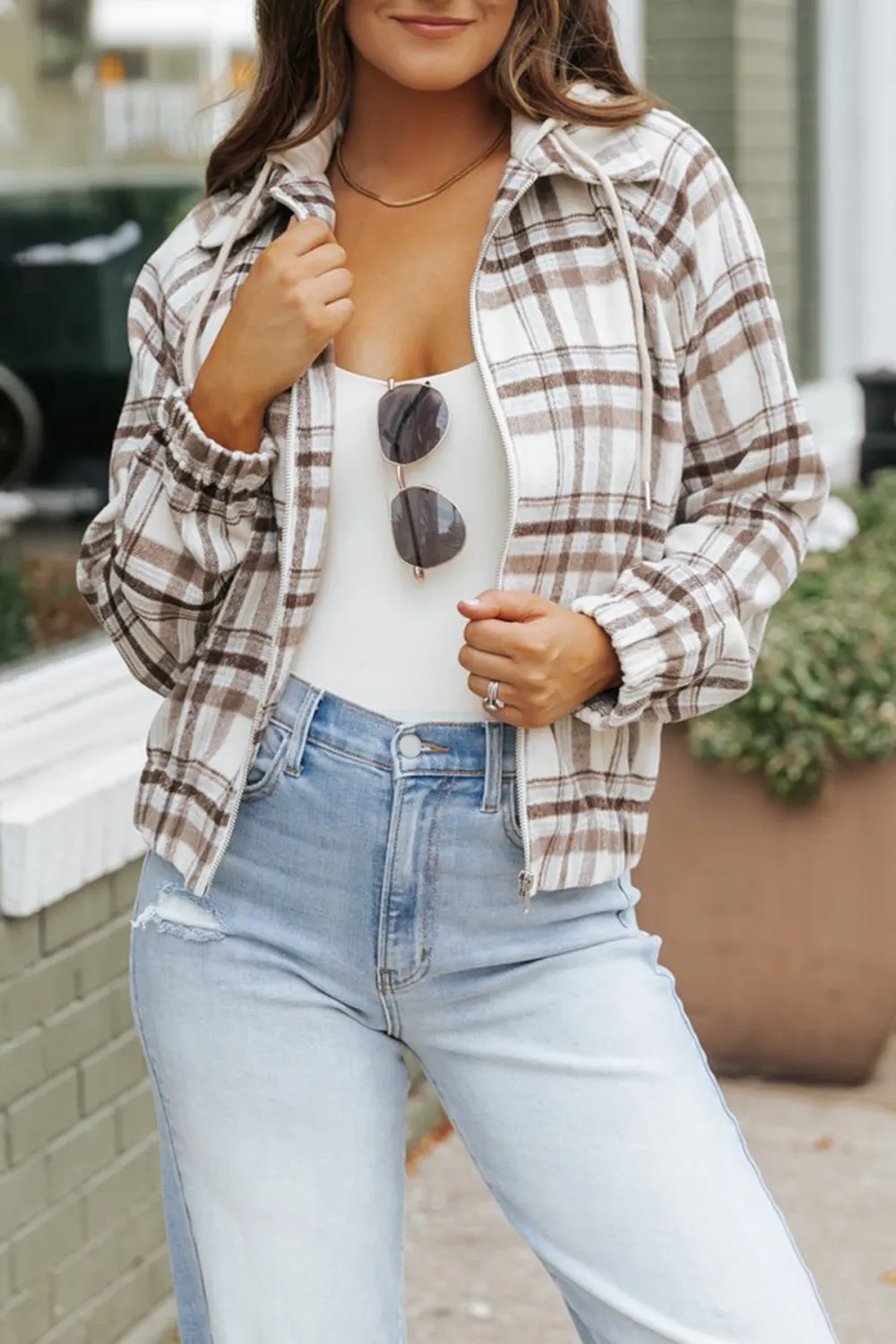 Brown Plaid Hooded Zip Up Jacket