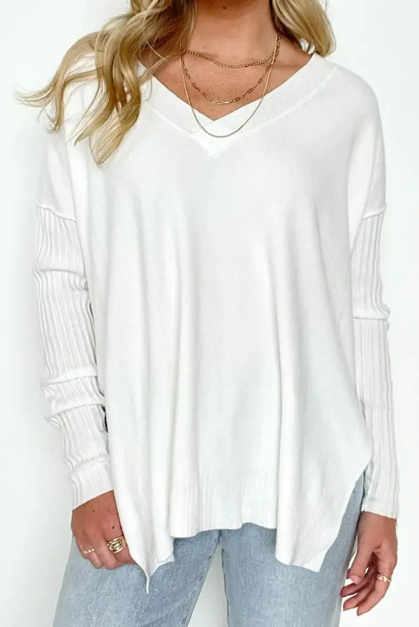 V-Neck Ribbed Hem Sweater