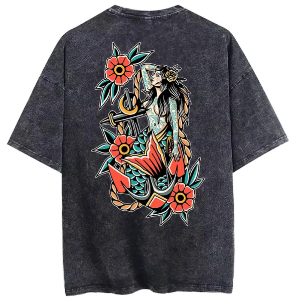 Vintage Floral Mermaid Printed Oversize Washed T-Shirt