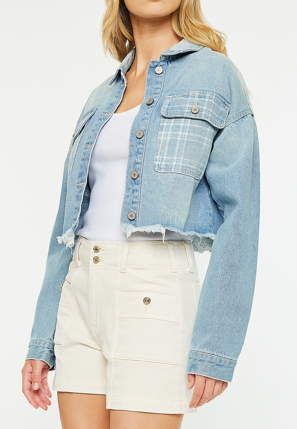 KanCan Rigid Plaid Drop Shoulder Crop Jacket