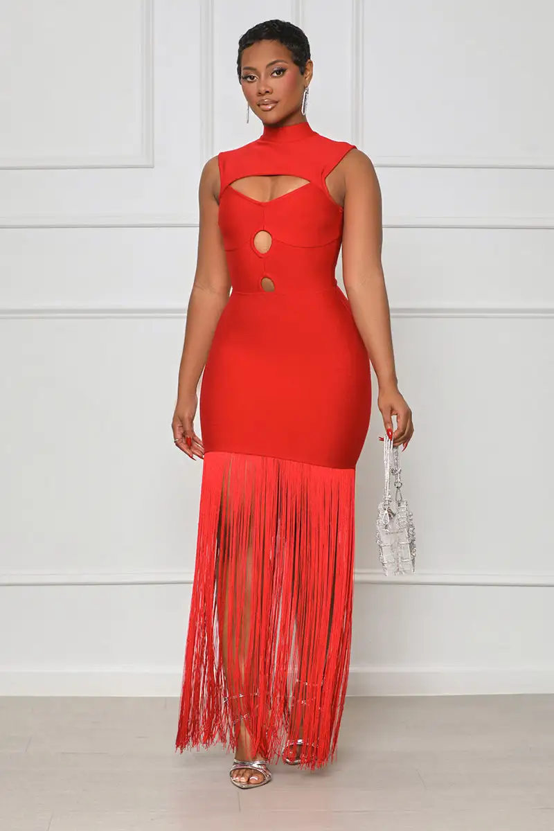 Ball Me Out Fringe Bandage Dress (Red)