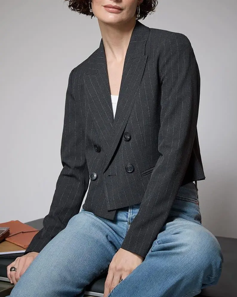 Striped Double-Breasted Cropped Blazer