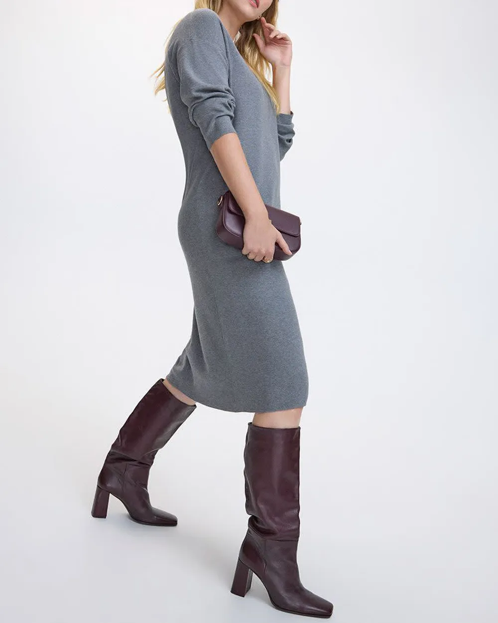 Long-Sleeve V-Neck Midi Sweater Dress