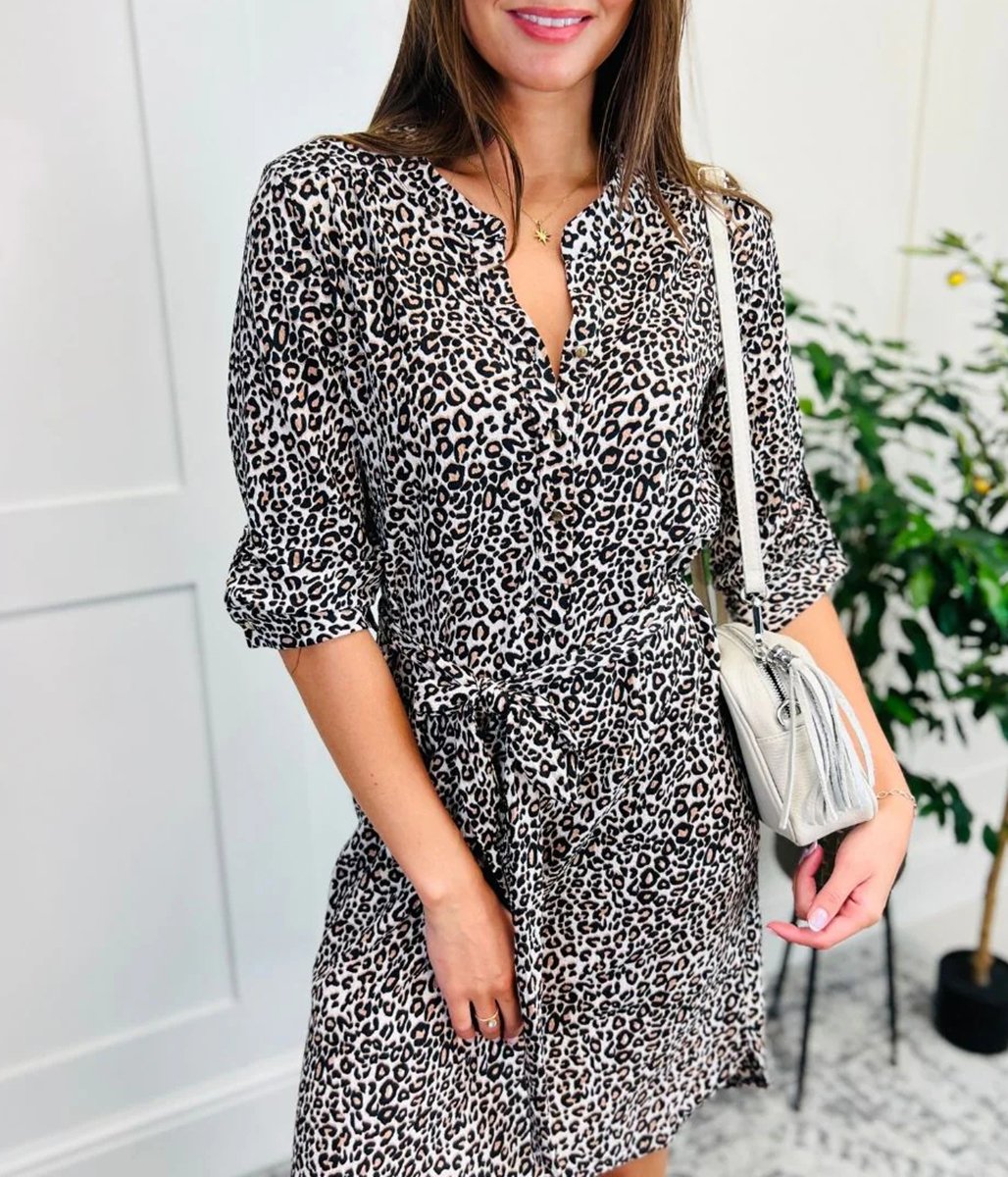 Leopard Print Belted Shirt Dress