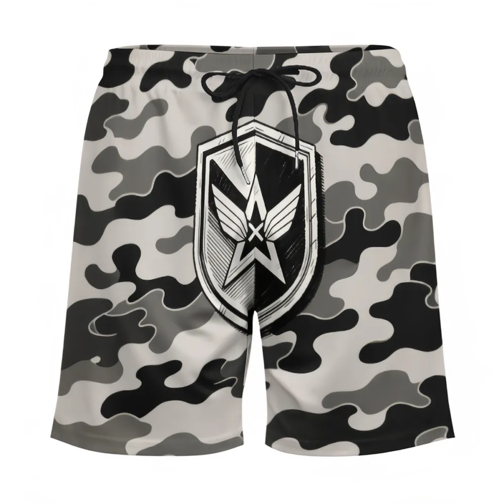 Black And White Camouflage Badge Print Sports Board Shorts