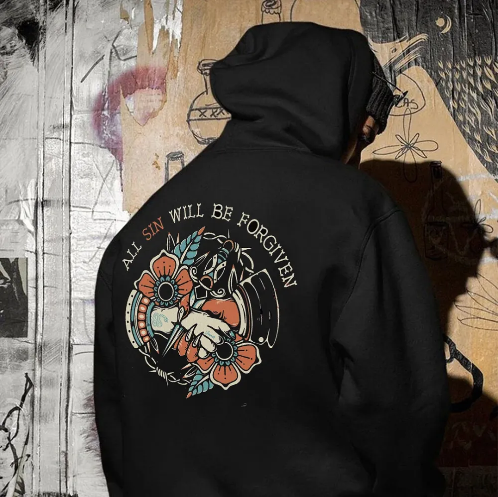 ALL SIN WILL BE FORGIVEN Shake Hands Graphic Black Print Hoodie