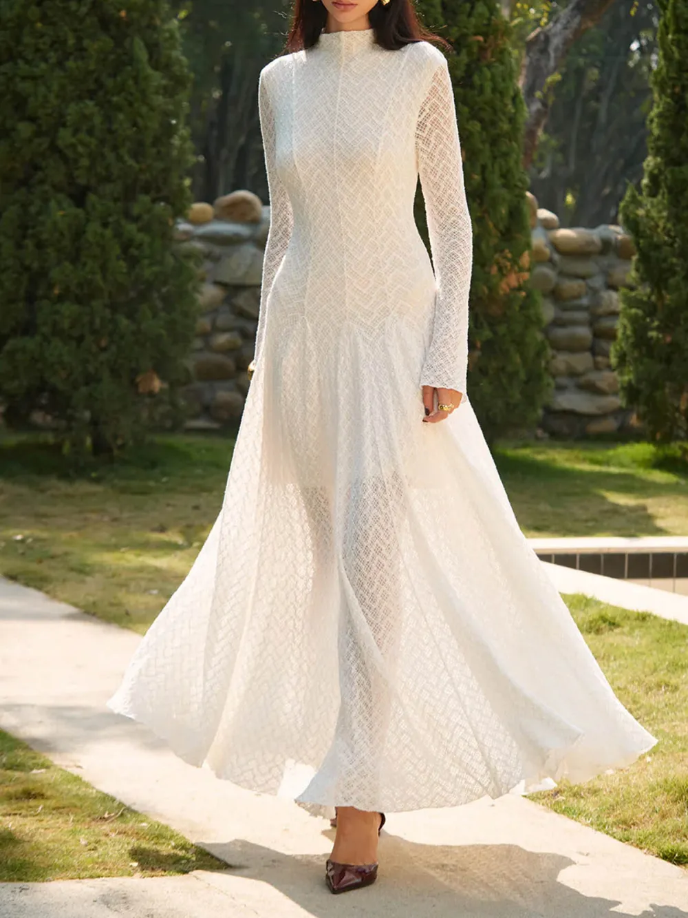 Lace Mock Neck Long Sleeve Dress