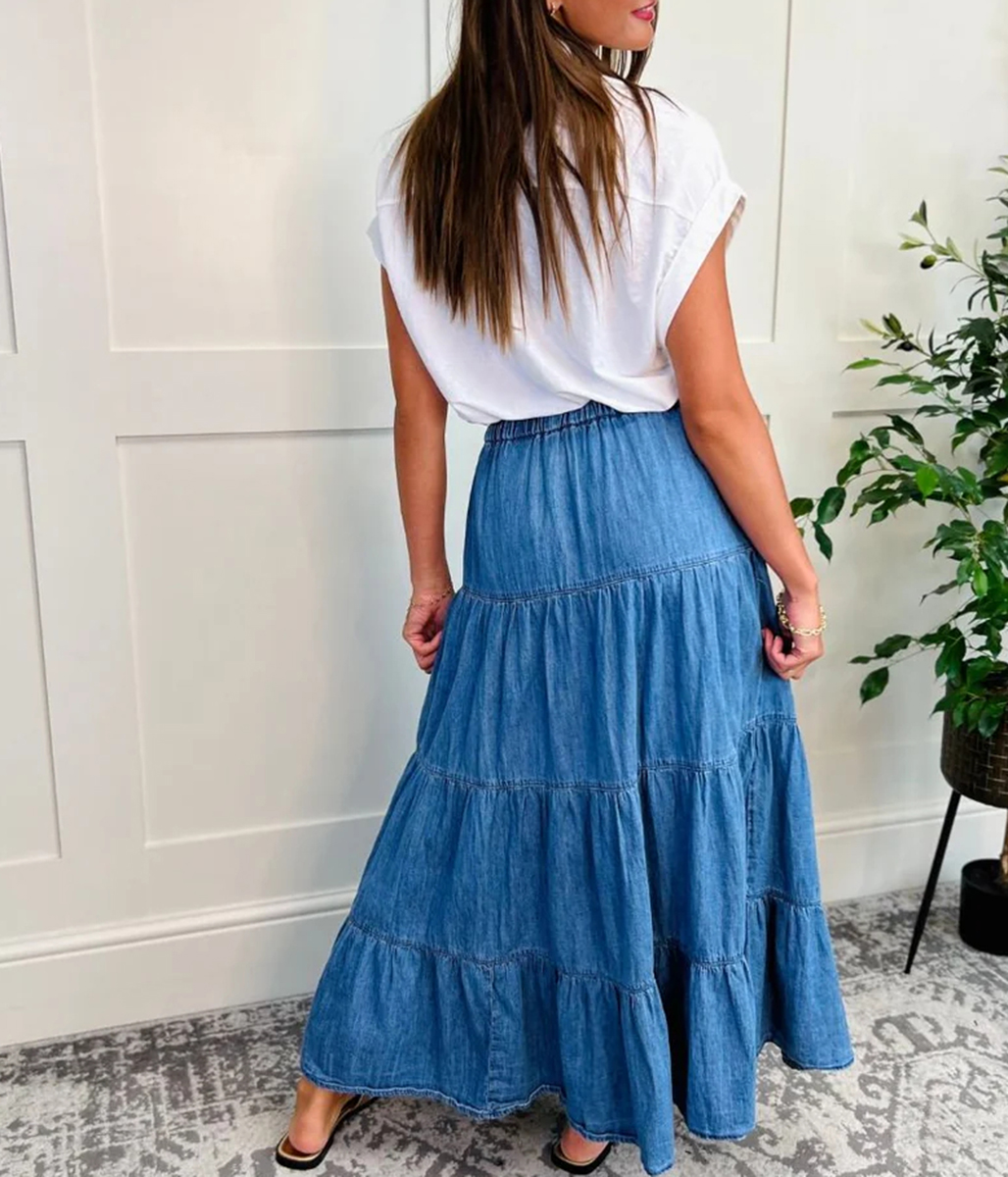 Denim Tiered Midi Skirt