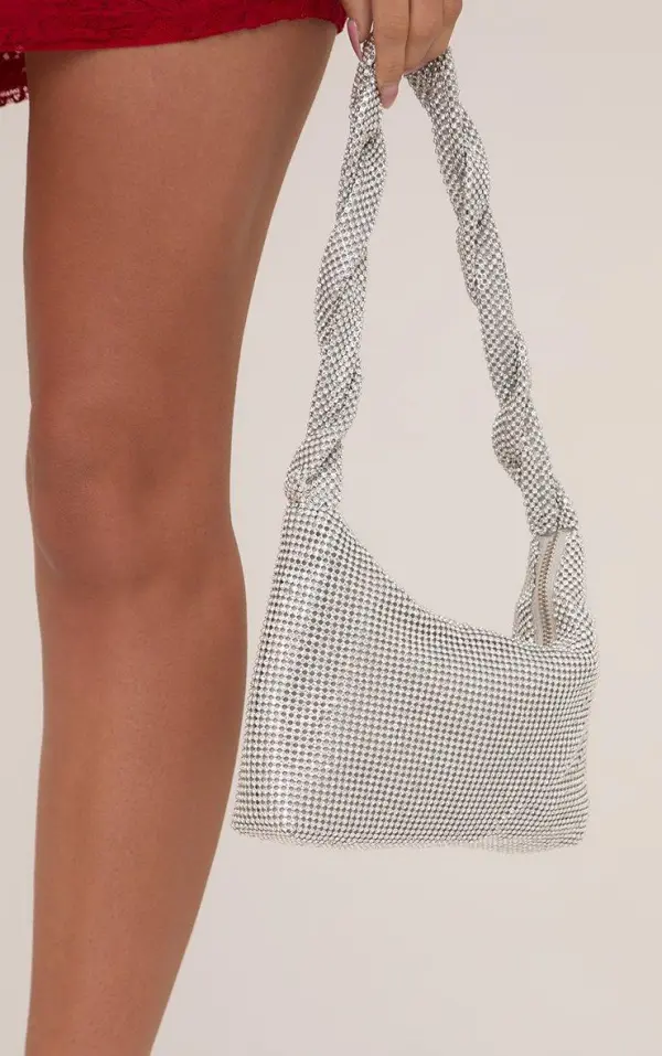 Amaris Twisted Strap Detail Rectangle Shaped Shoulder Bag In Silver Diamante