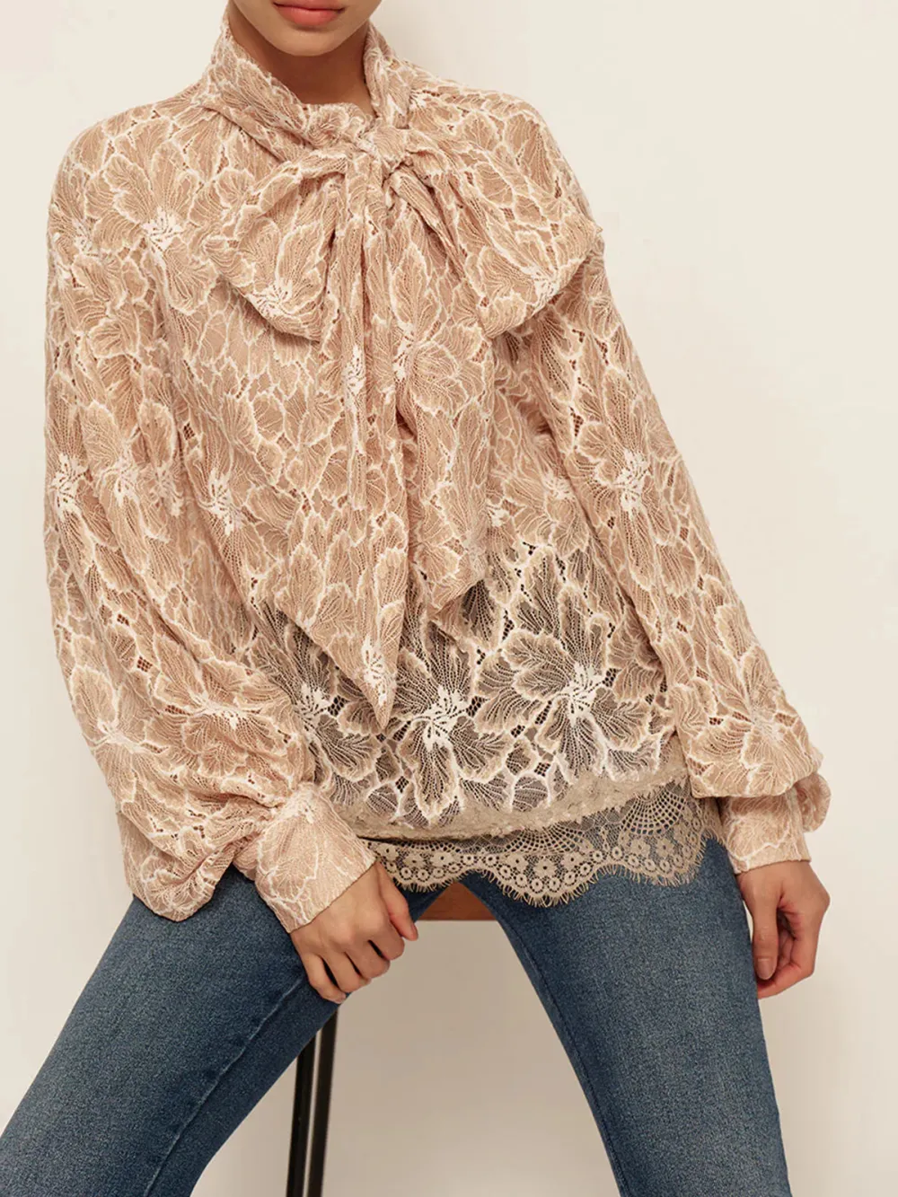 Lace Tie Neck Lantern Sleeve Blouse