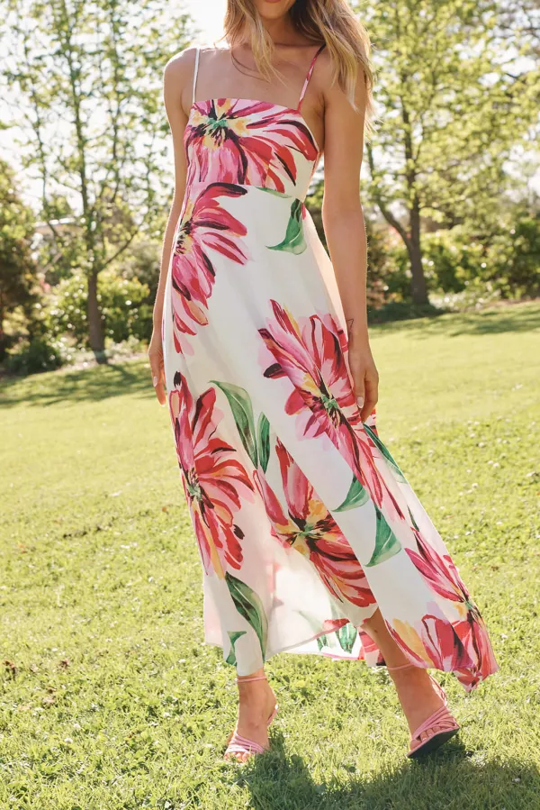 White Based Floral Print Slip Maxi Dress